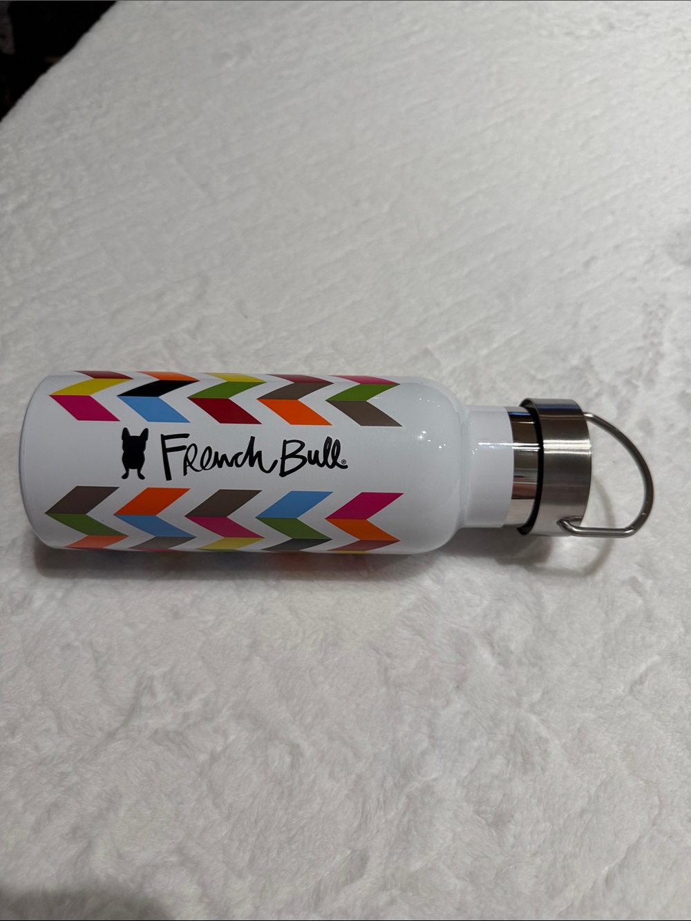 White Stainless Water Bottle with Multicolor Chevron Pattern French Bull Dog